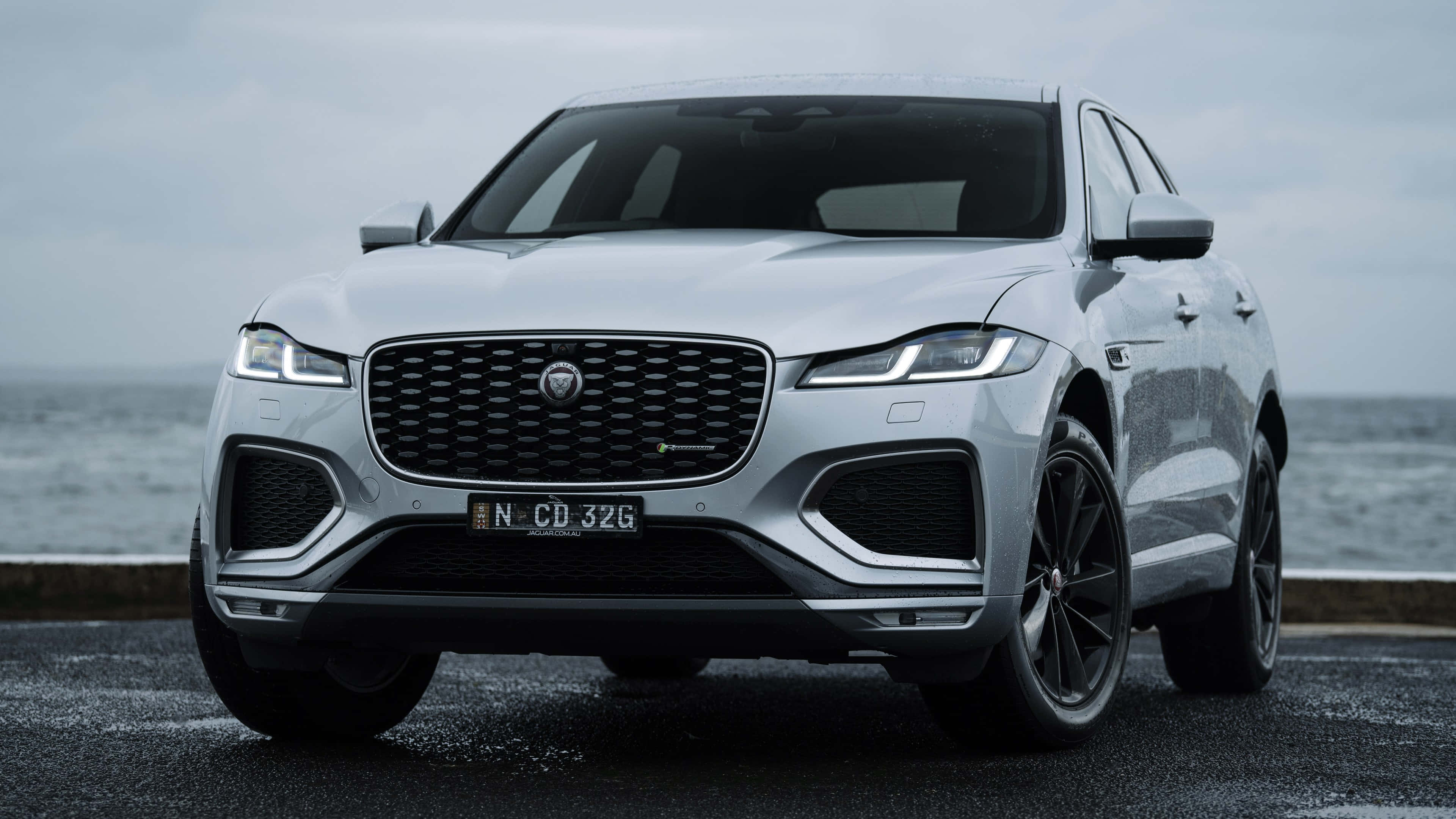 Jaguar F-Pace, silver, coastal road, 4K Desktop Wallpaper