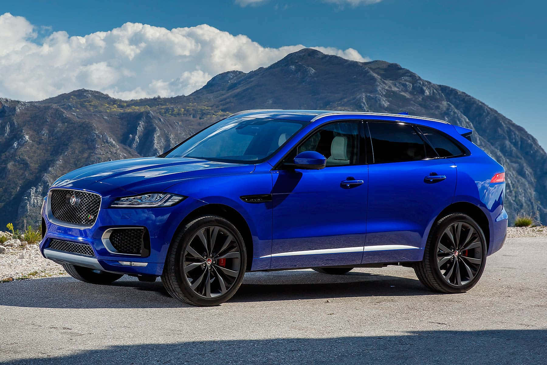 Jaguar F-Pace, vibrant blue, mountain road, HD Desktop Wallpaper