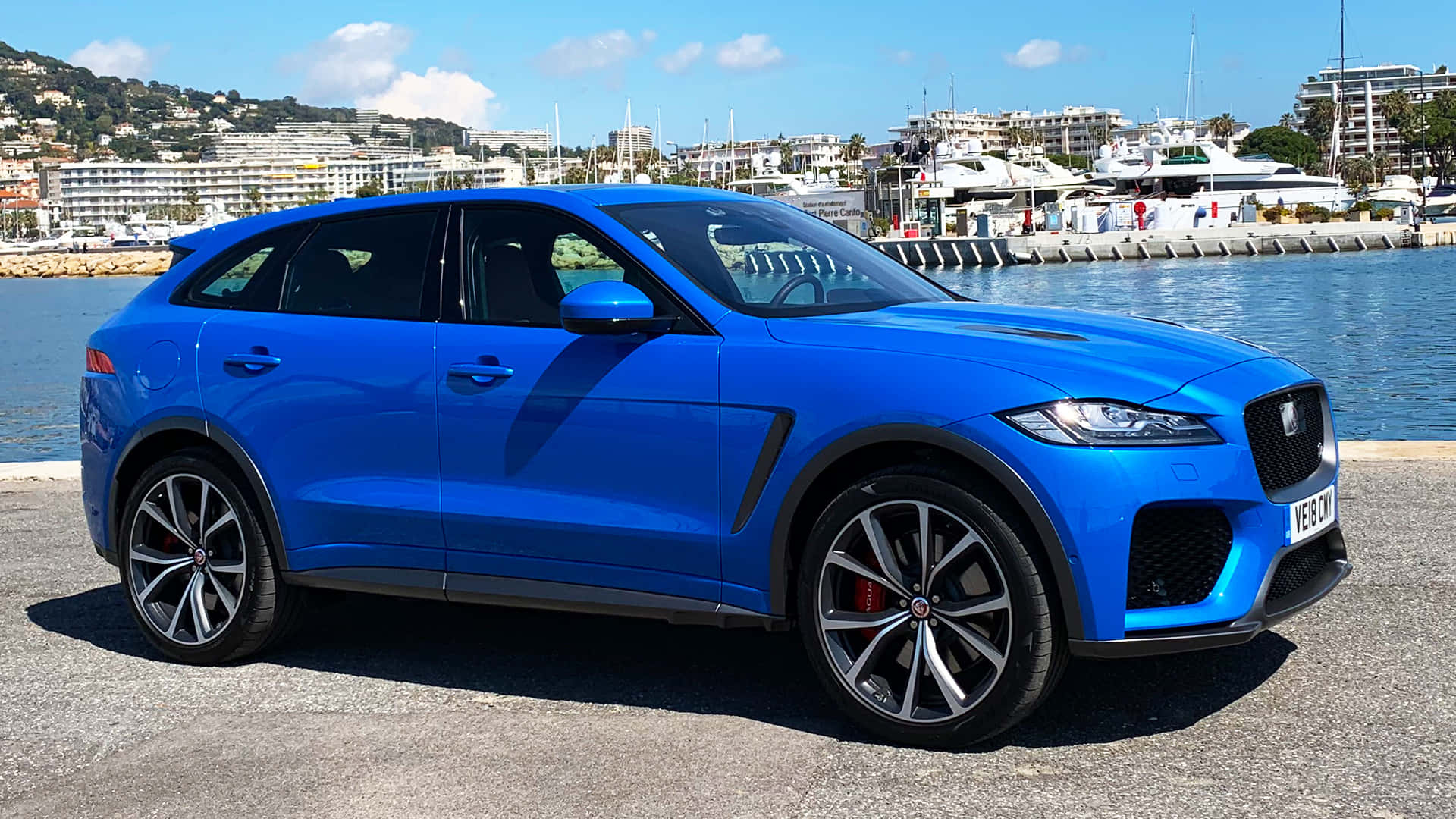 Jaguar F-Pace, vibrant blue, marina, Full HD Desktop Wallpaper
