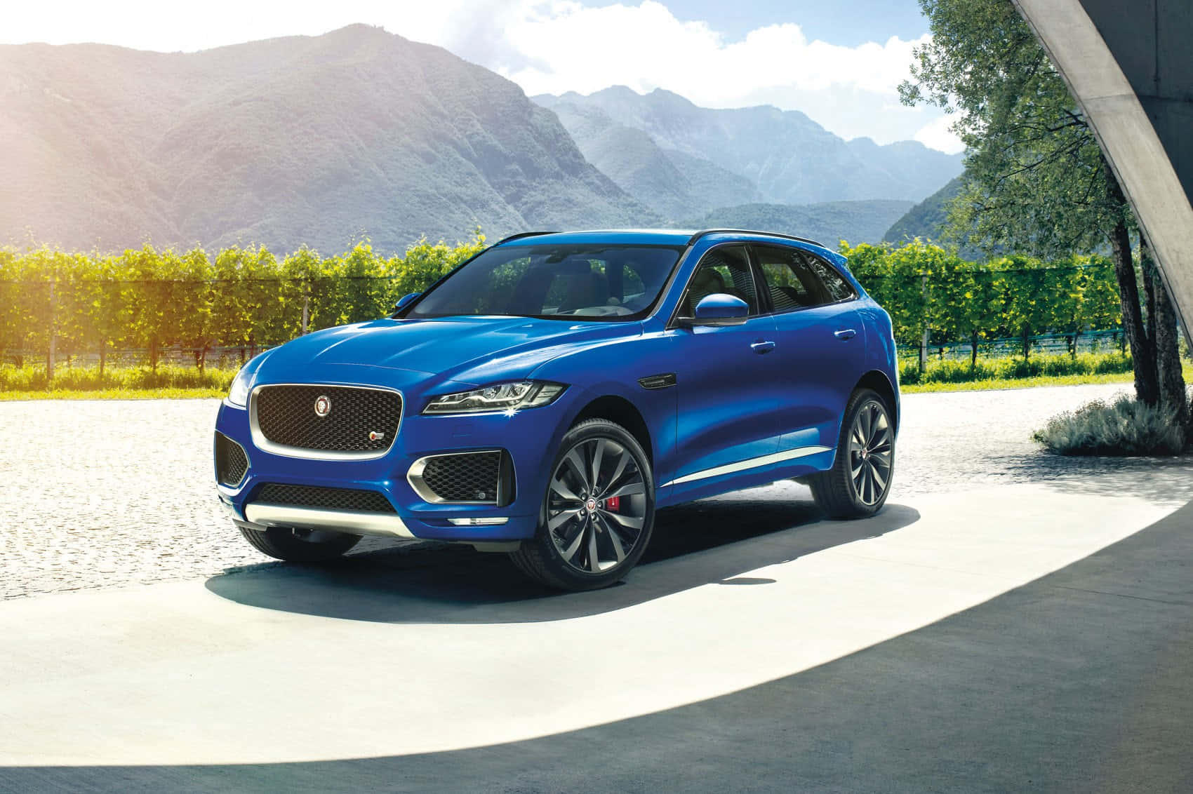 Jaguar F-Pace, glossy blue, sunlit concrete driveway, HD Desktop Wallpaper