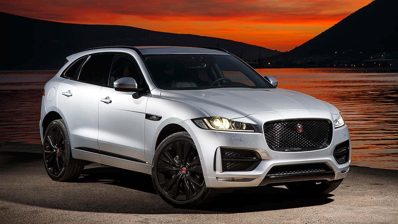 Jaguar F-Pace, silver, sunset lights, HD Desktop Wallpaper