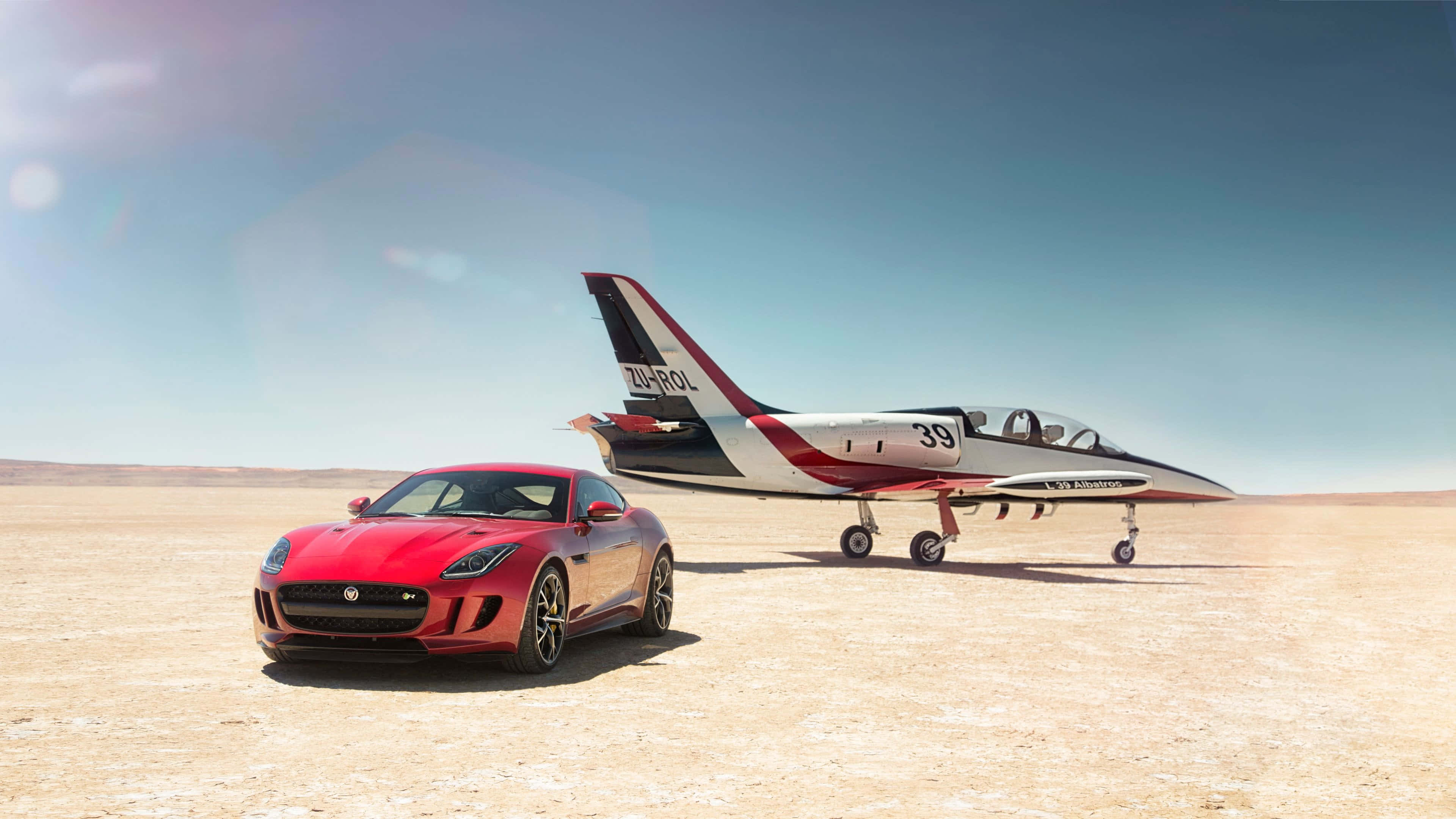 Jaguar F-Type, red, desert plain, 4K Desktop Wallpaper