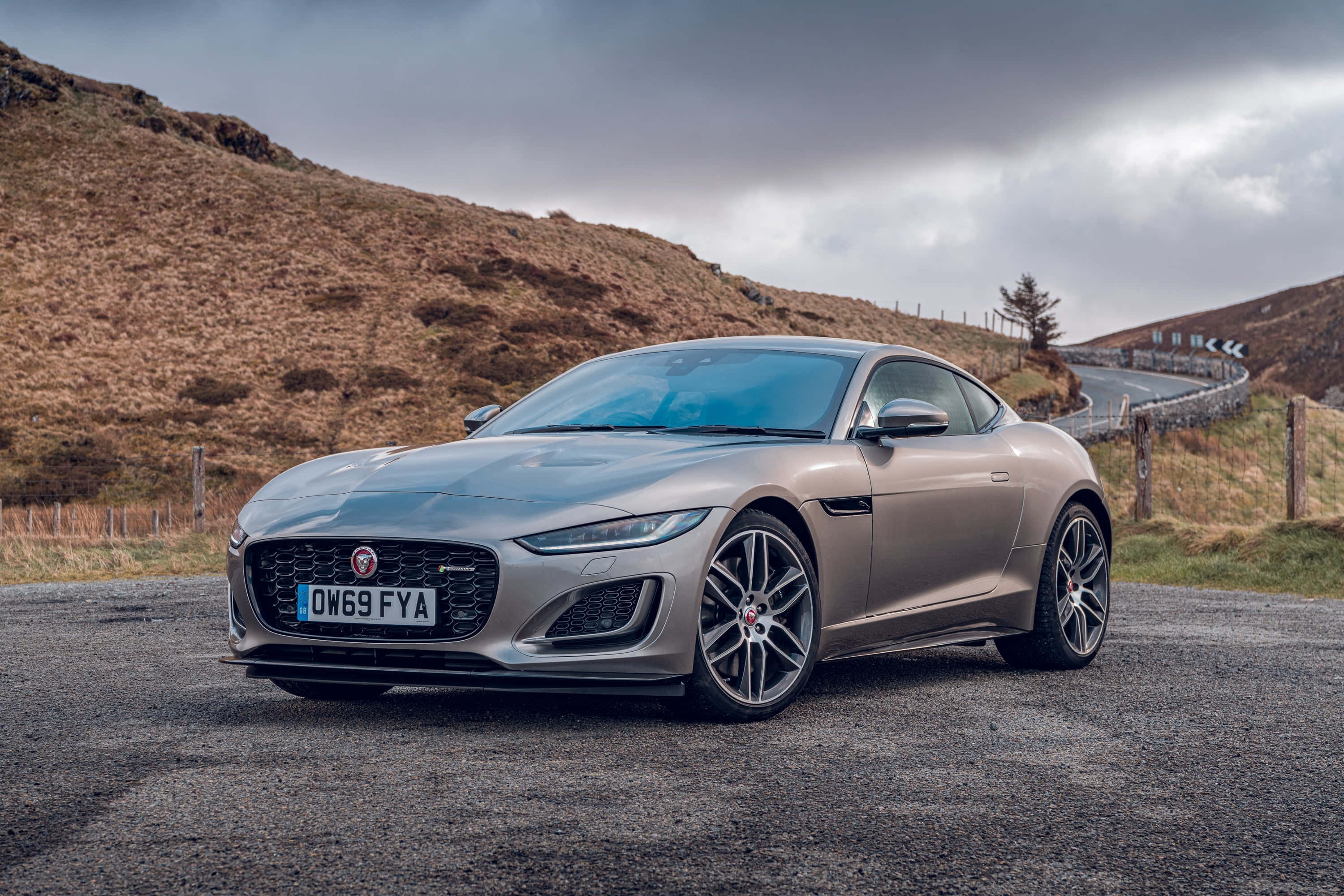 Jaguar F-type, silver, gravel road, 2K Desktop Wallpaper