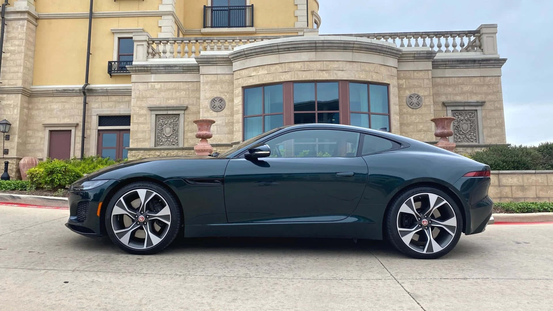 Jaguar F-Type, dark green, grand stone mansion, Full HD Desktop Wallpaper