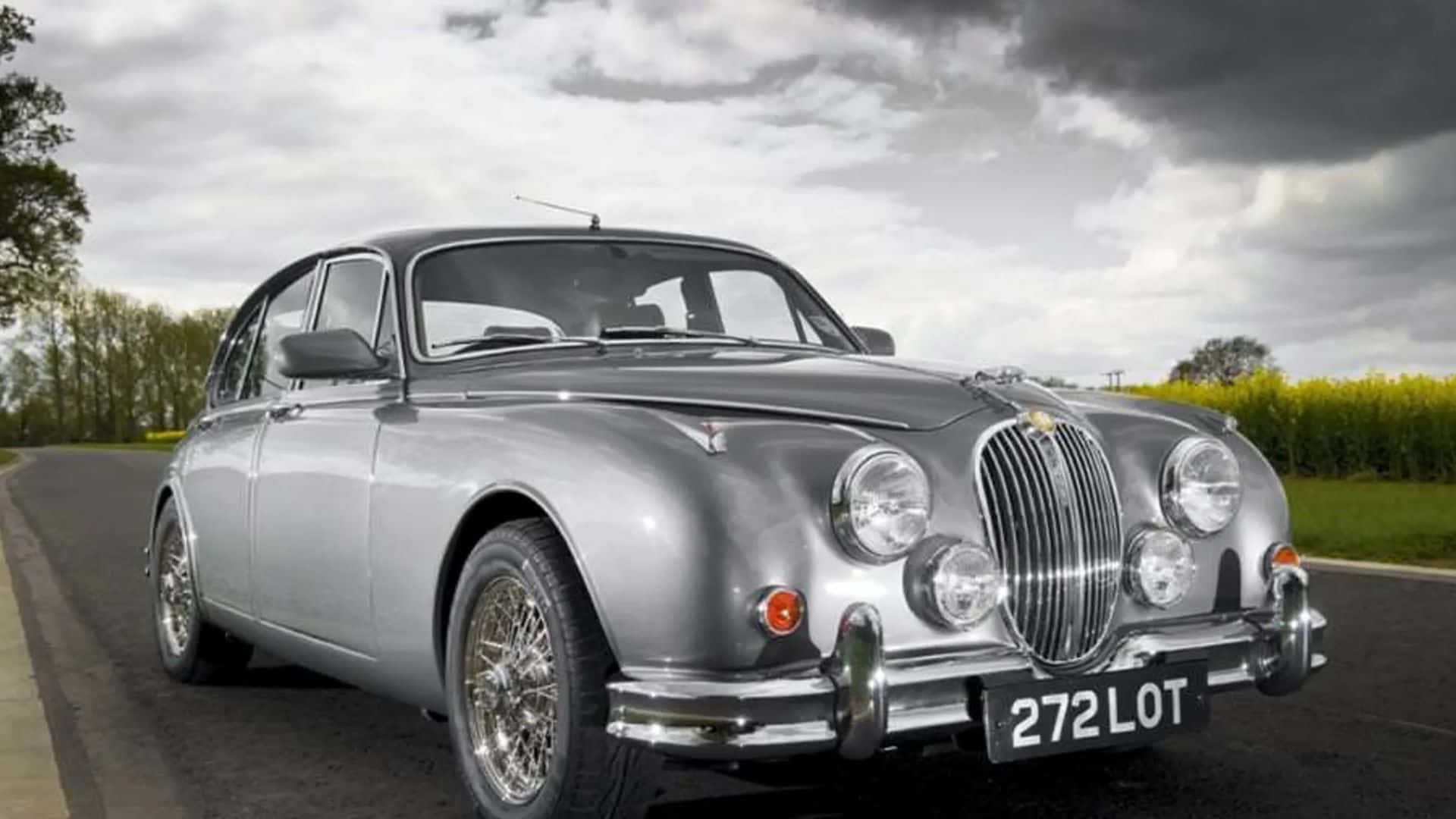 Jaguar Mark 2, silver, rural road, Full HD Desktop Wallpaper