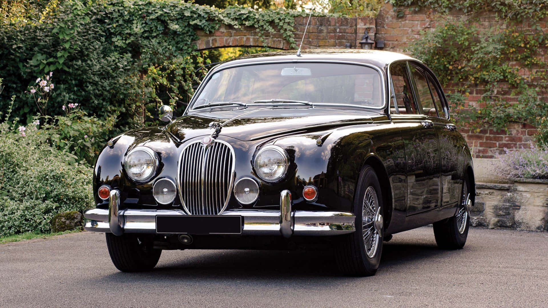 Jaguar Mark 2, glossy black, paved driveway, Full HD Desktop Wallpaper