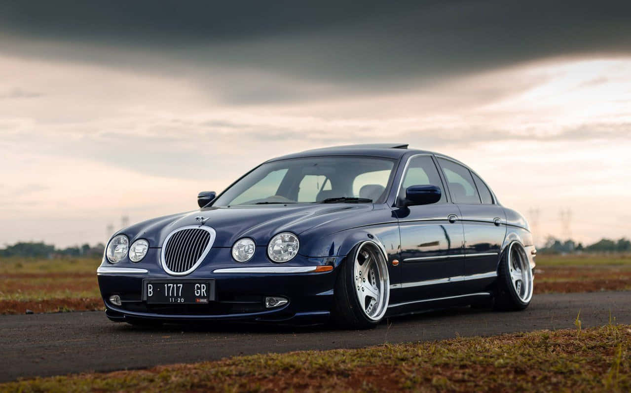 Jaguar S-type, dark blue, custom low-profile wheels, SD Desktop Wallpaper