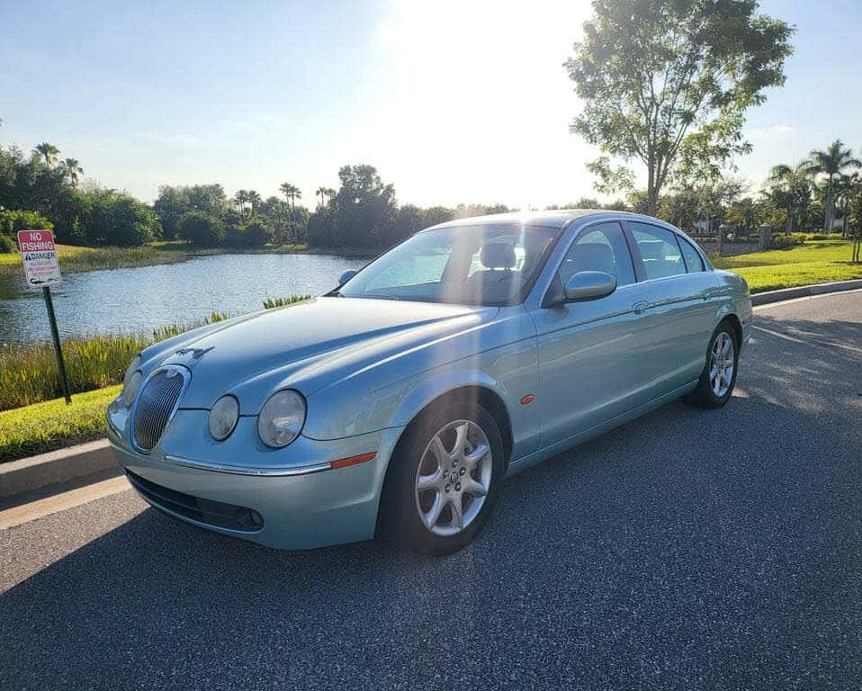 Jaguar S-type, lakeside parking, light blue, SD Desktop Wallpaper