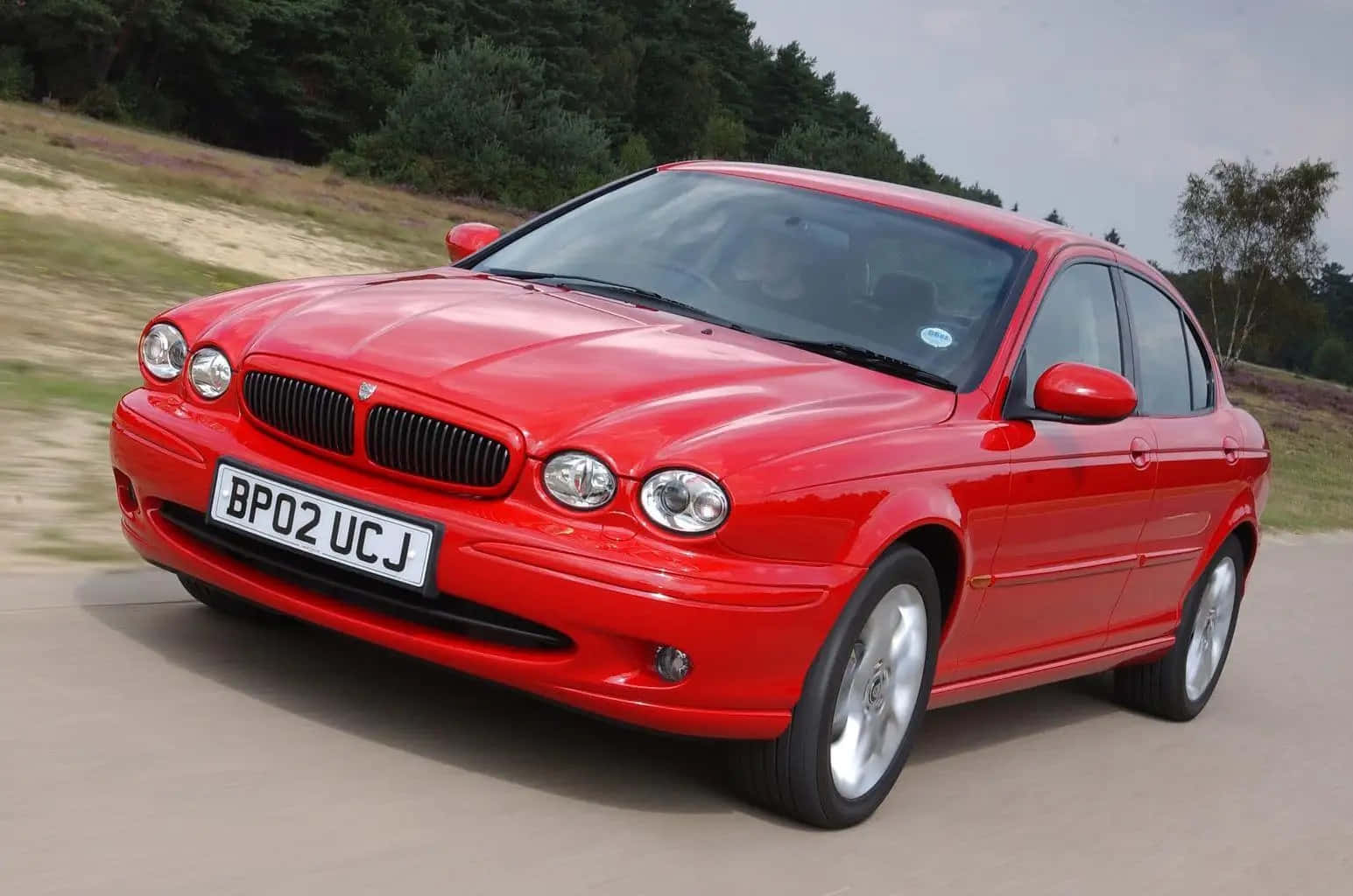 Jaguar X-Type, vibrant red, paved road, HD Desktop Wallpaper