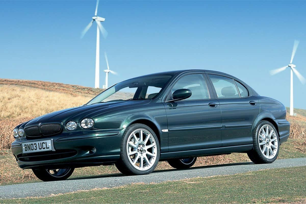 Jaguar X-type, dark green, roadside, SD Desktop Wallpaper