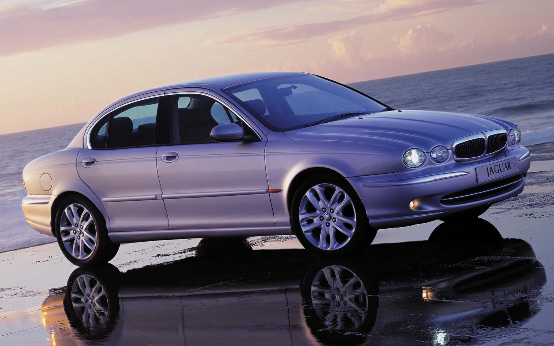 Jaguar X-Type, silver, wet sand, Full HD Desktop Wallpaper