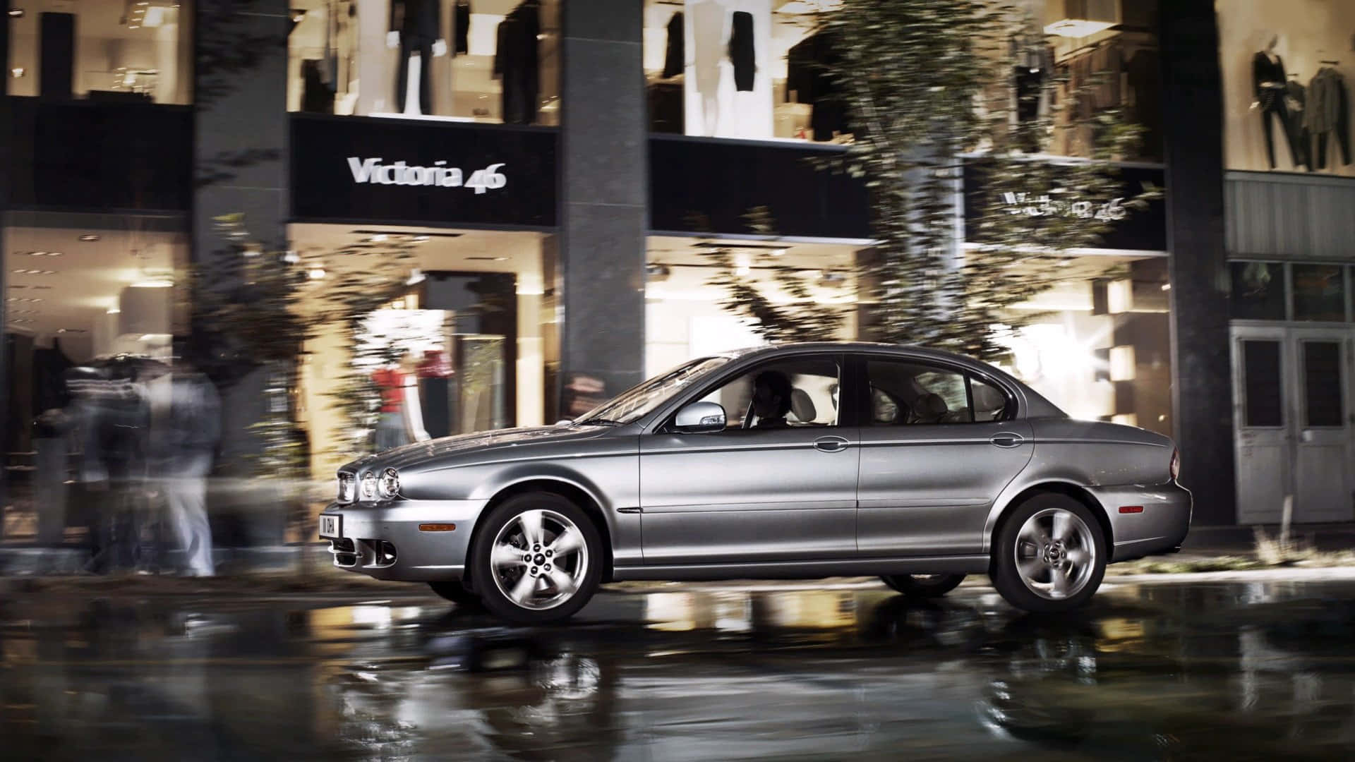 Jaguar X-Type, silver, rain-slicked city street, Full HD Desktop Wallpaper