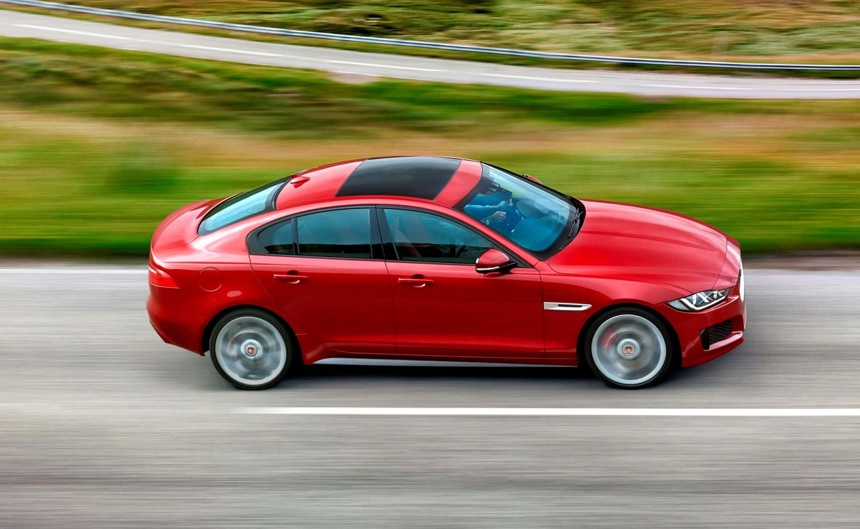 Jaguar XE, vibrant red, winding road, HD Desktop Wallpaper