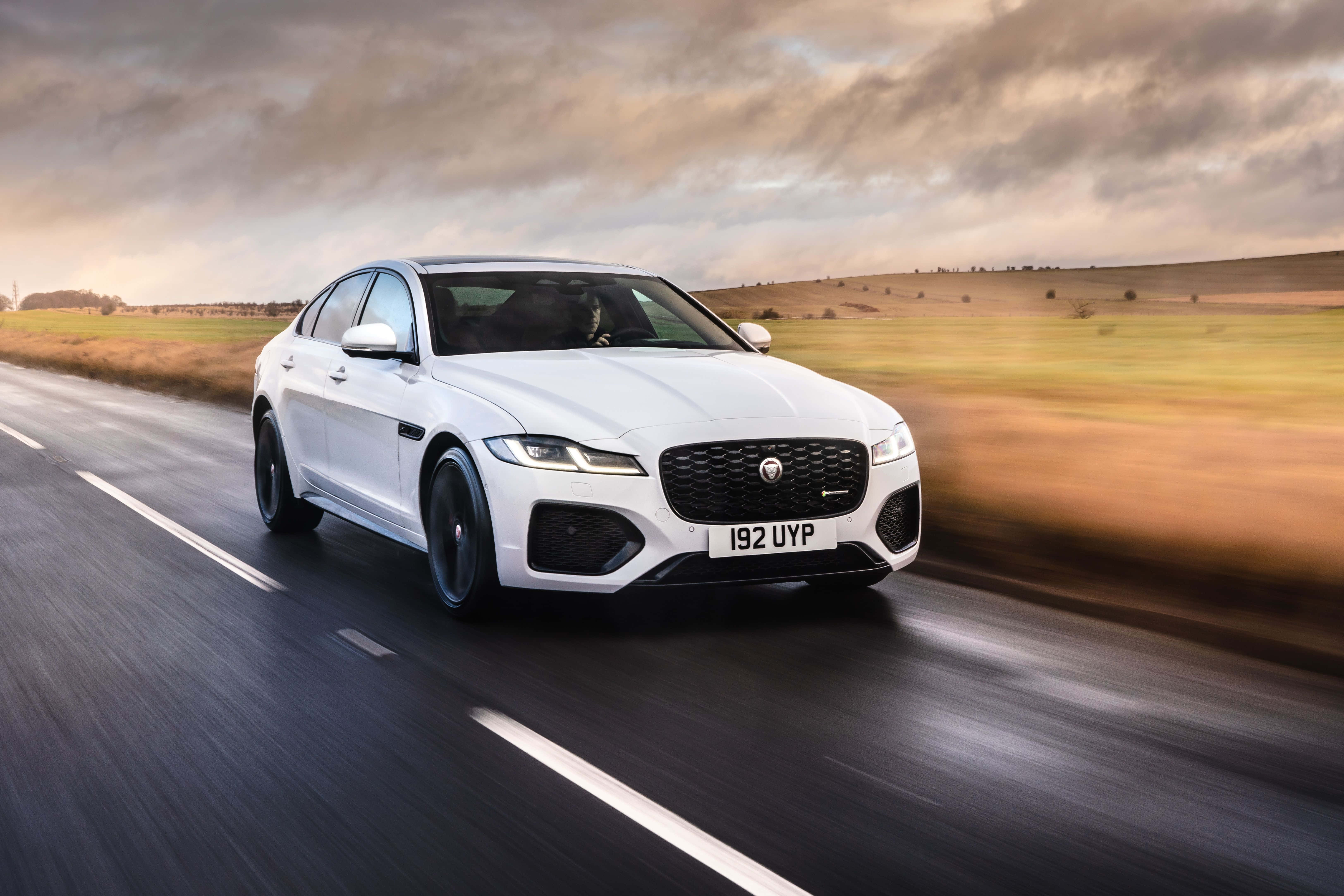 Jaguar XF, sleek white, rural road, 5K Desktop Wallpaper