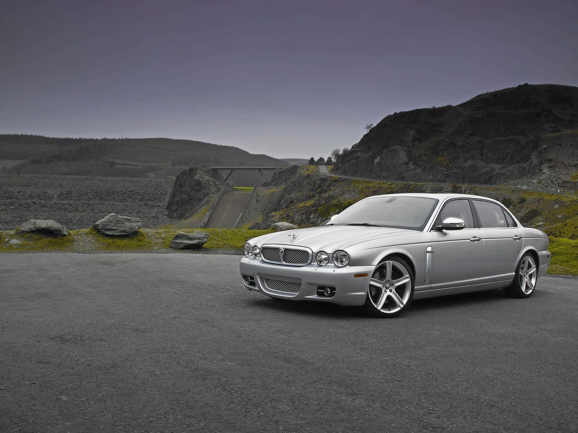 Jaguar XJR, silver, paved road, Full HD Desktop Wallpaper