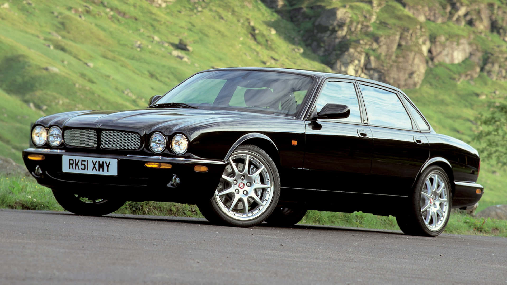 Jaguar XJR, black, winding road, Full HD Desktop Wallpaper