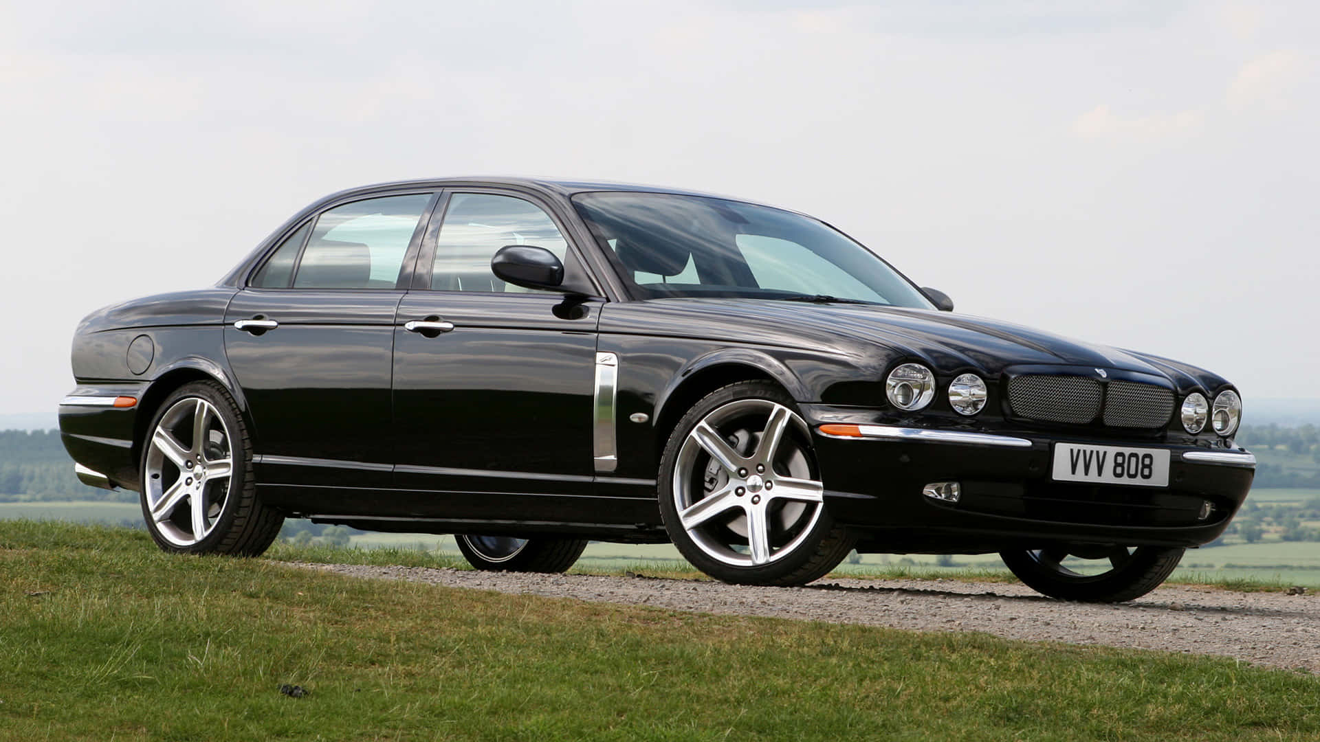 Jaguar XJR, black, gravel path, Full HD Desktop Wallpaper