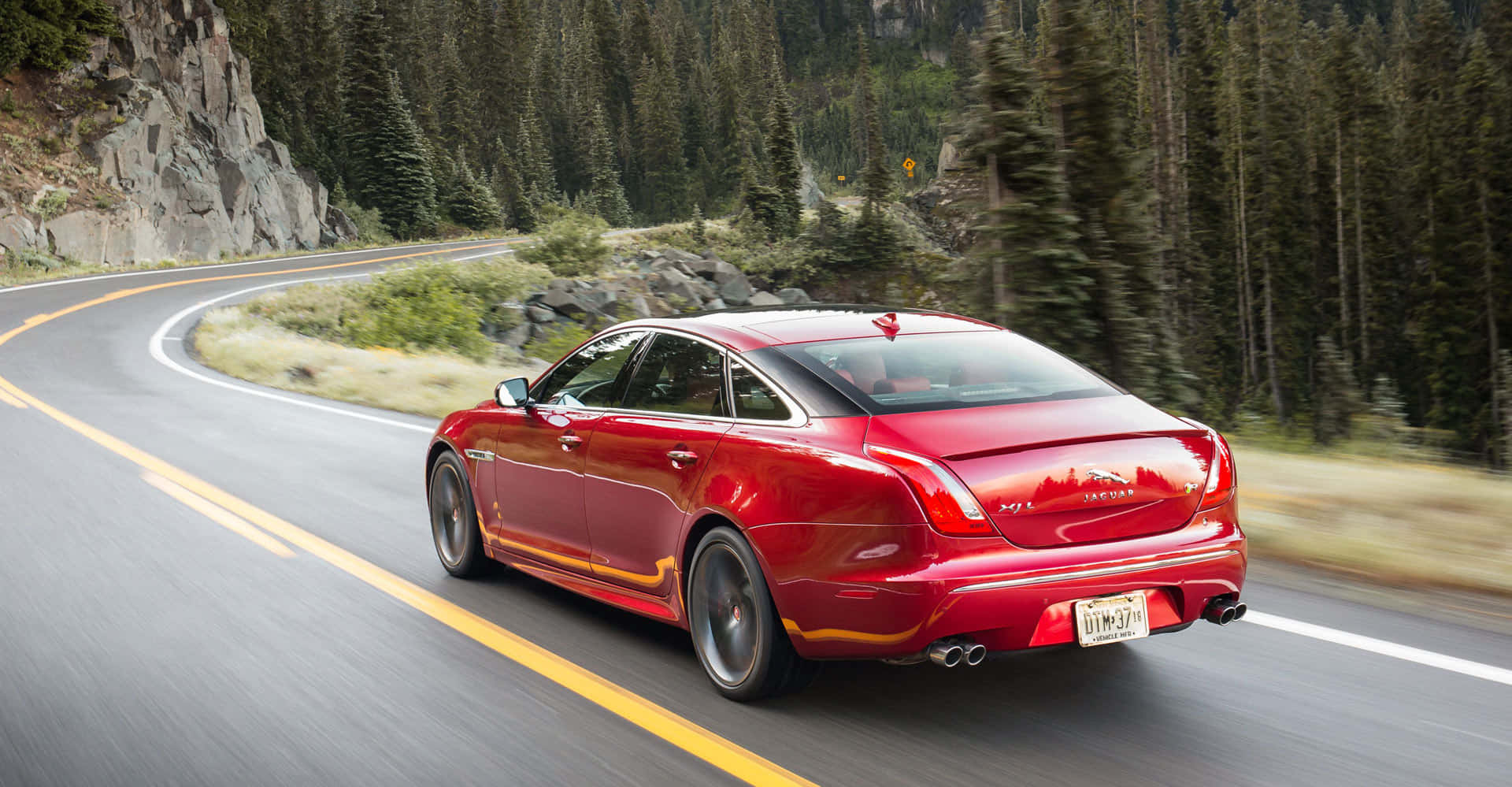 Jaguar XJR, glossy red, winding mountain road, Full HD Desktop Wallpaper