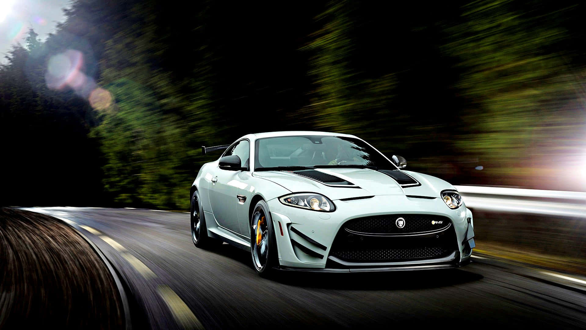 Jaguar XKR-S, silver, winding forest road, Full HD Desktop Wallpaper