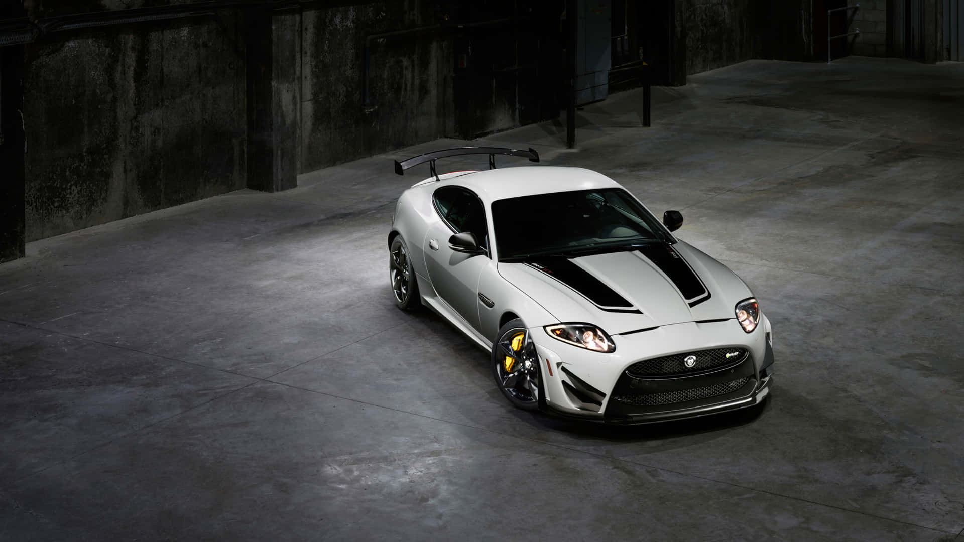 Jaguar XKR-S, white, black racing stripes, Full HD Desktop Wallpaper