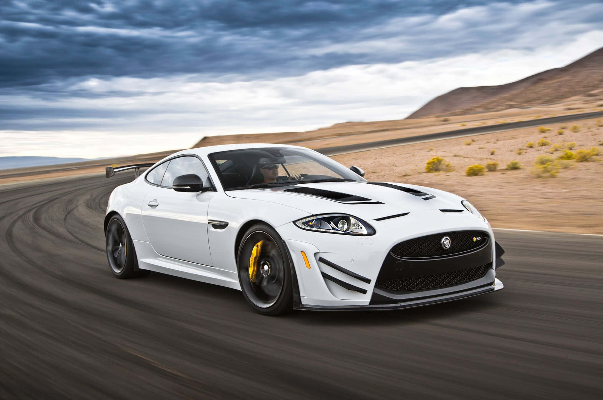 Jaguar XKR-S, white, yellow brake calipers, Full HD Desktop Wallpaper