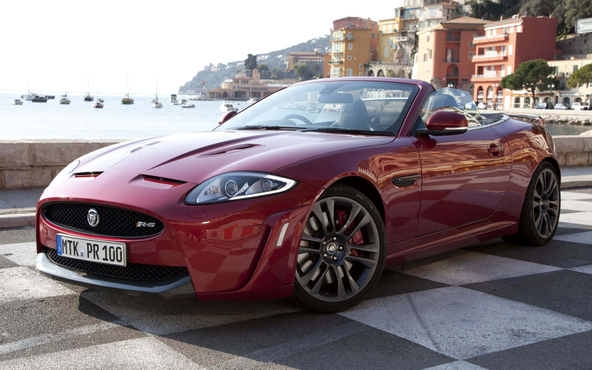 Jaguar XKR-S, glossy red, checkered pavement, Full HD Desktop Wallpaper