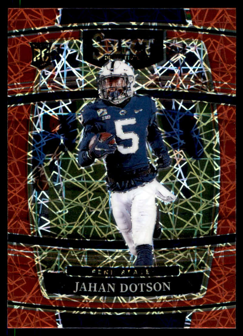 Jahan Dotson, blue jersey number 5, vibrant red and gold geometric card background, SD Phone Wallpaper