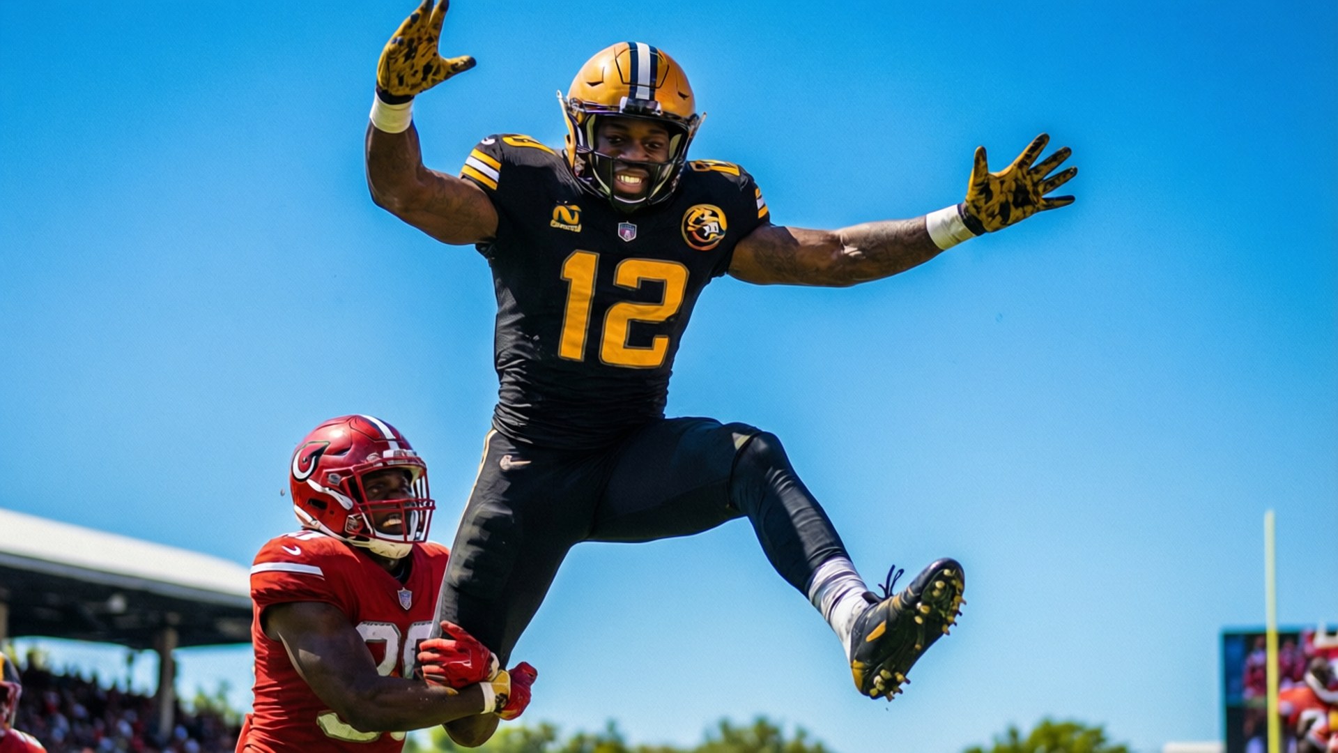 Jahmyr Gibbs, touchdown, high-energy celebration, Full HD Desktop Wallpaper
