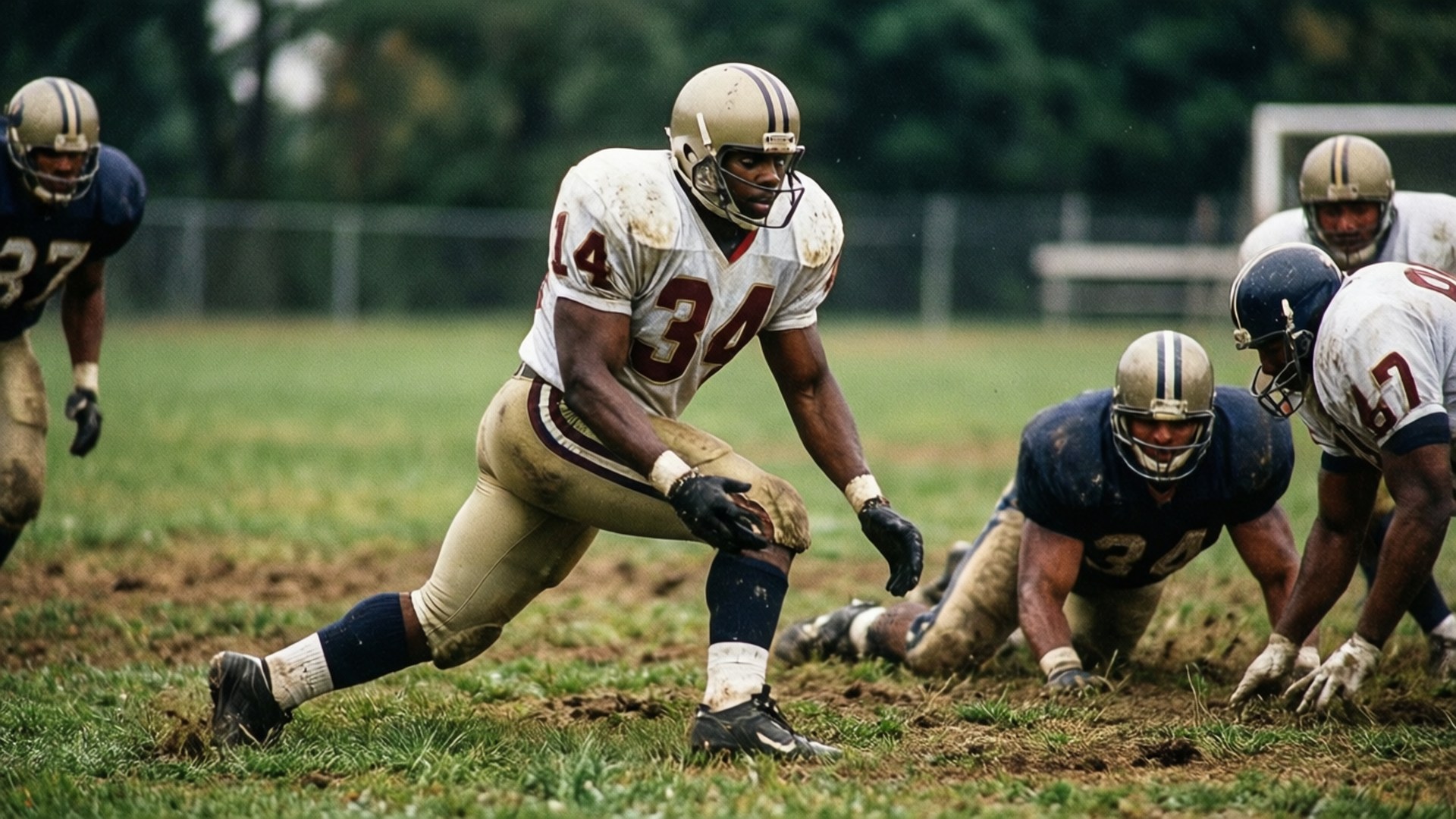 Jahmyr Gibbs, vintage film grain effect, gritty football action, Full HD Desktop Wallpaper