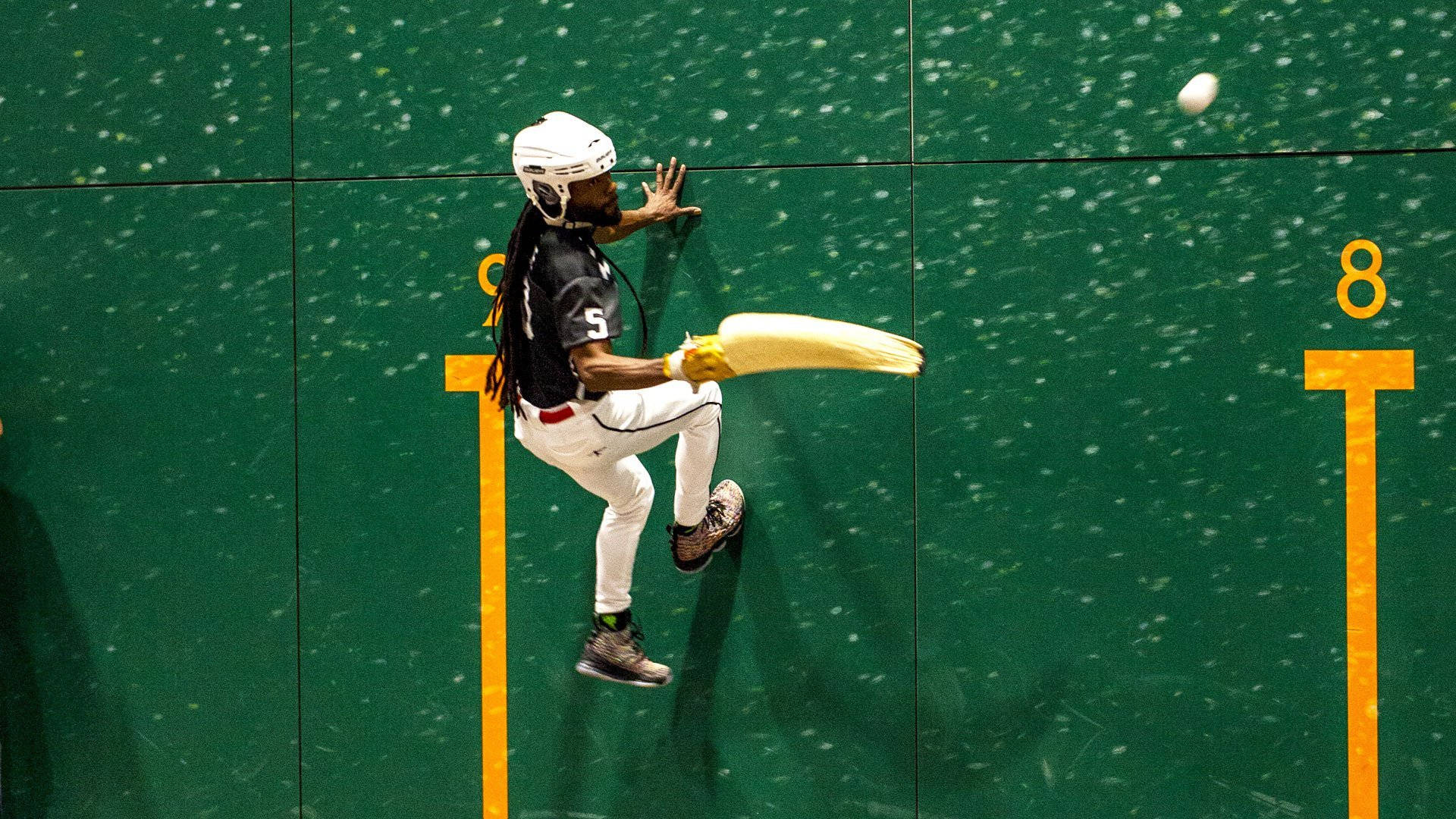 Jai Alai Wall Ball, white helmet, black jersey, Full HD Desktop Wallpaper
