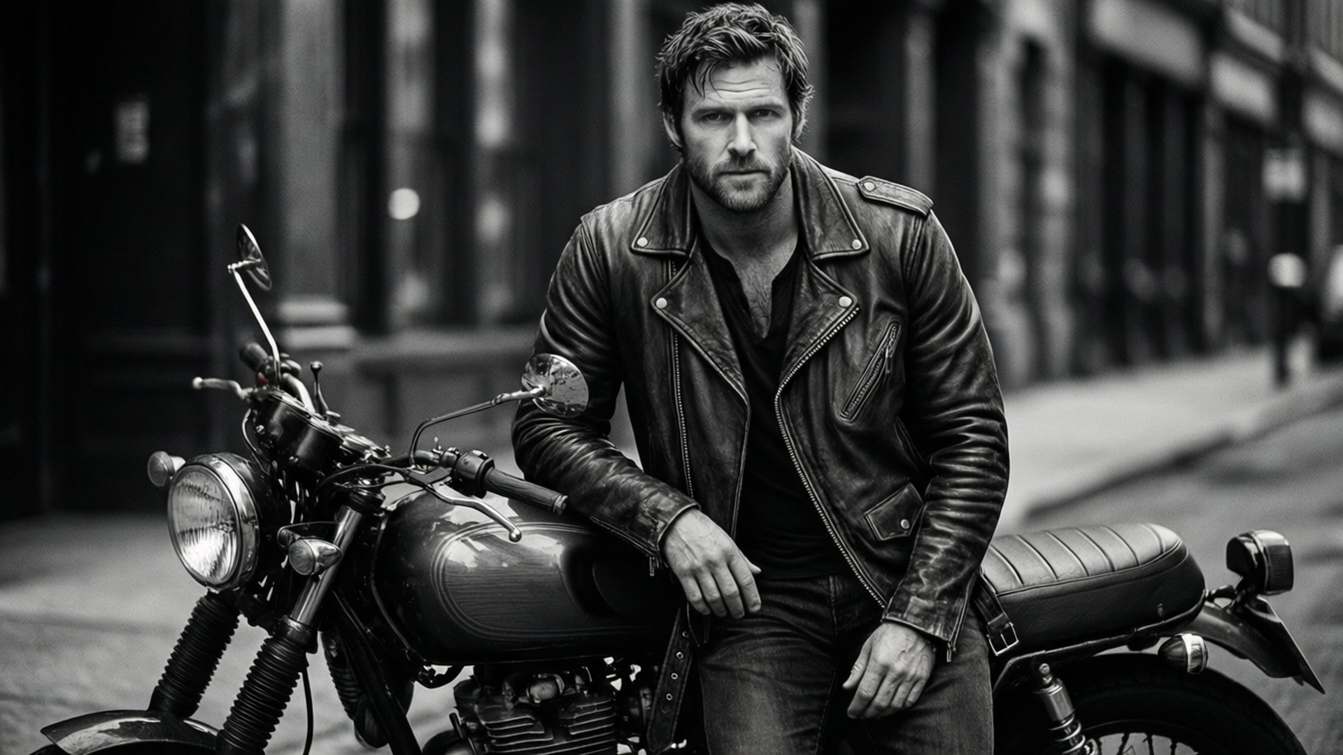 Jai Courtney, motorcycle, black and white, Full HD Desktop Wallpaper
