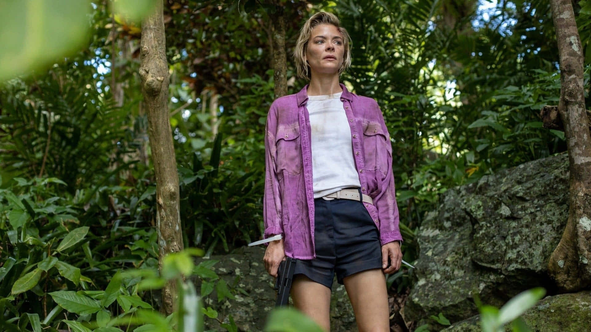 Jaime King, purple shirt, lush green jungle, Full HD Desktop Wallpaper