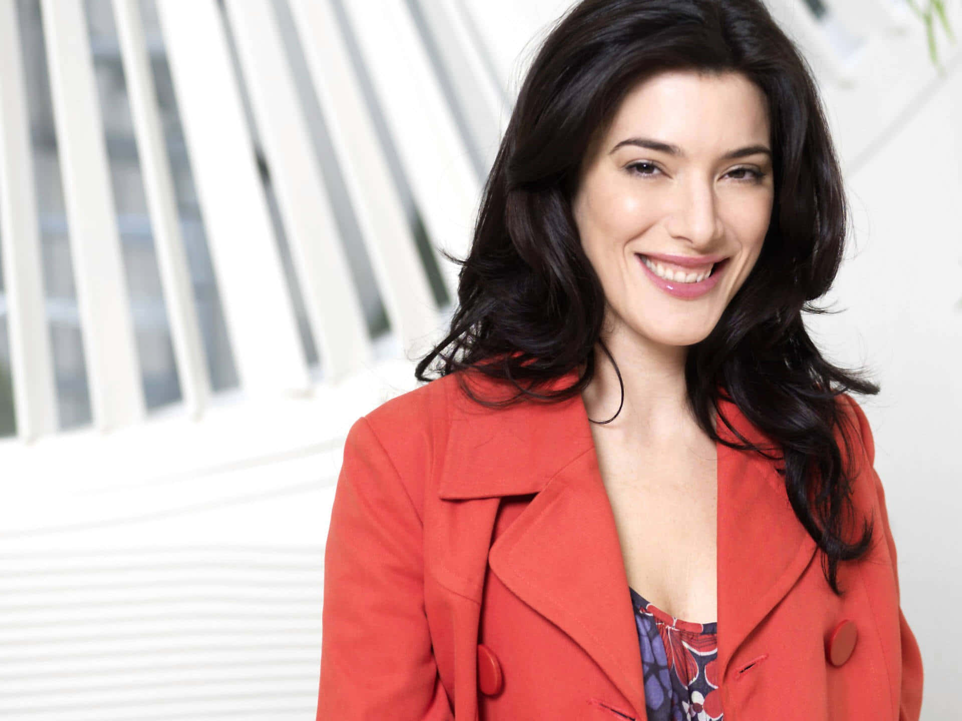 Jaime Murray, red dress, vibrant red coat, Full HD Desktop Wallpaper