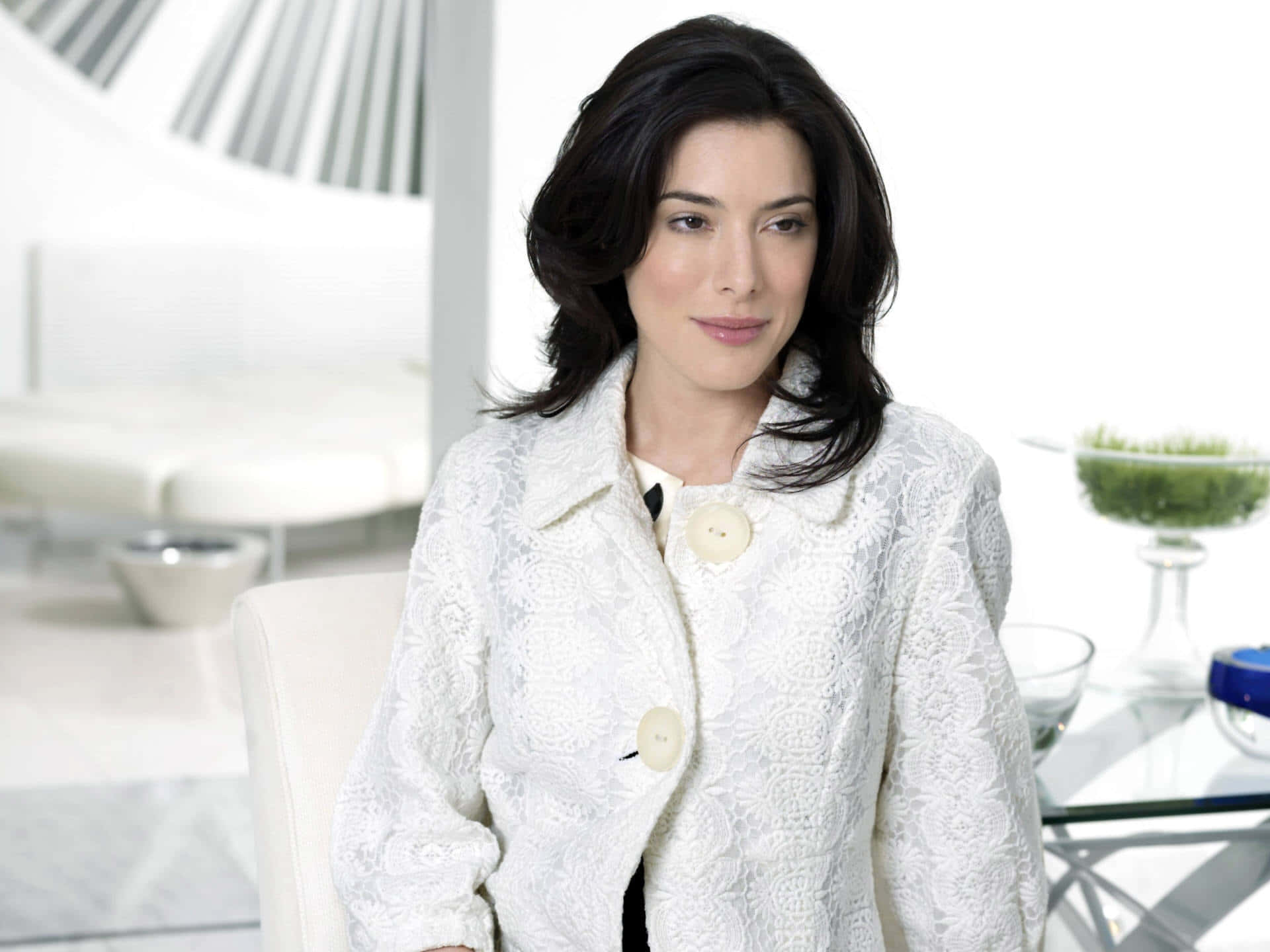 Jaime Murray, white lace coat, bright minimalist modern interior, Full HD Desktop Wallpaper