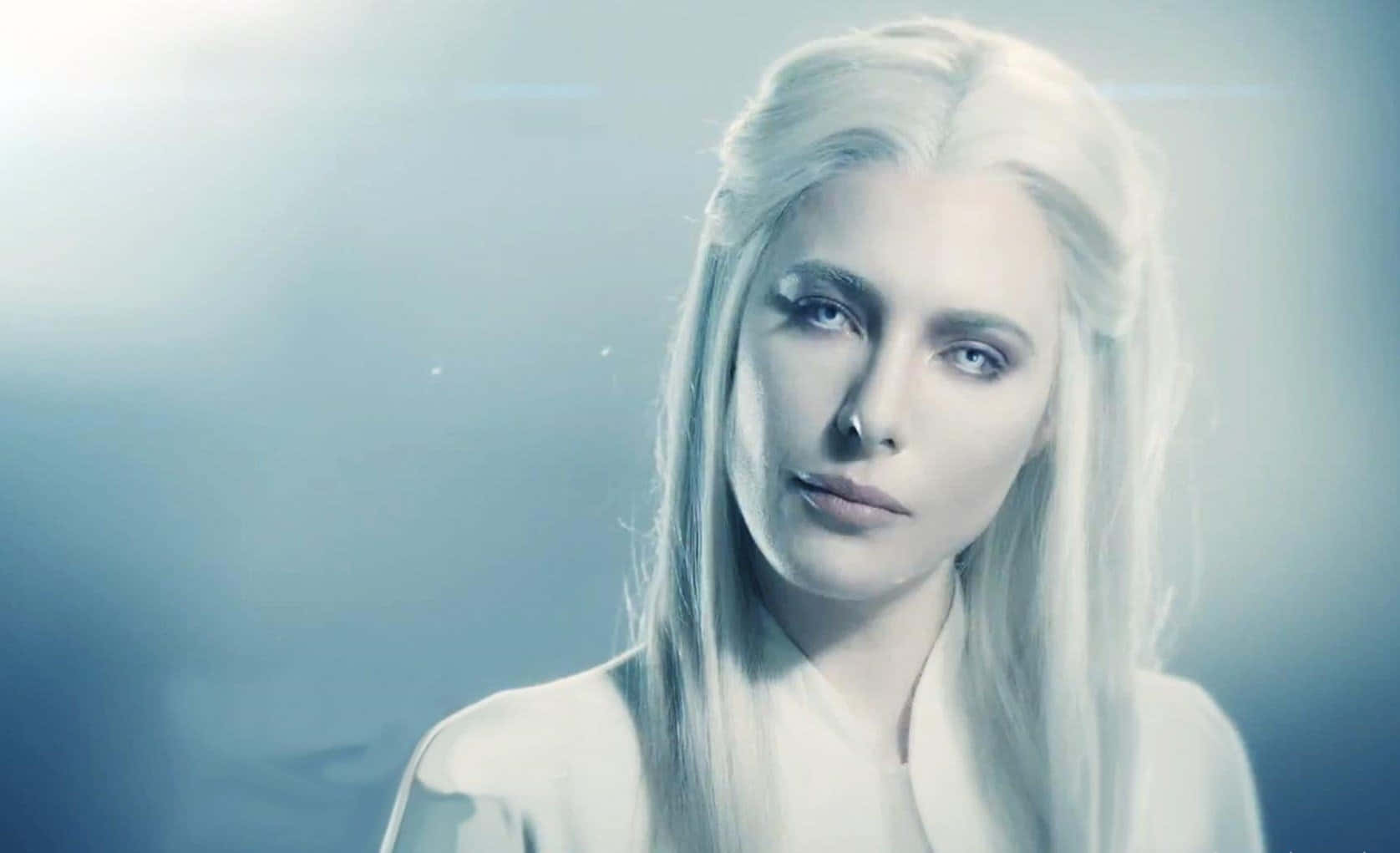 Jaime Murray, platinum blonde hair, soft blue hazy background, HD Desktop Wallpaper