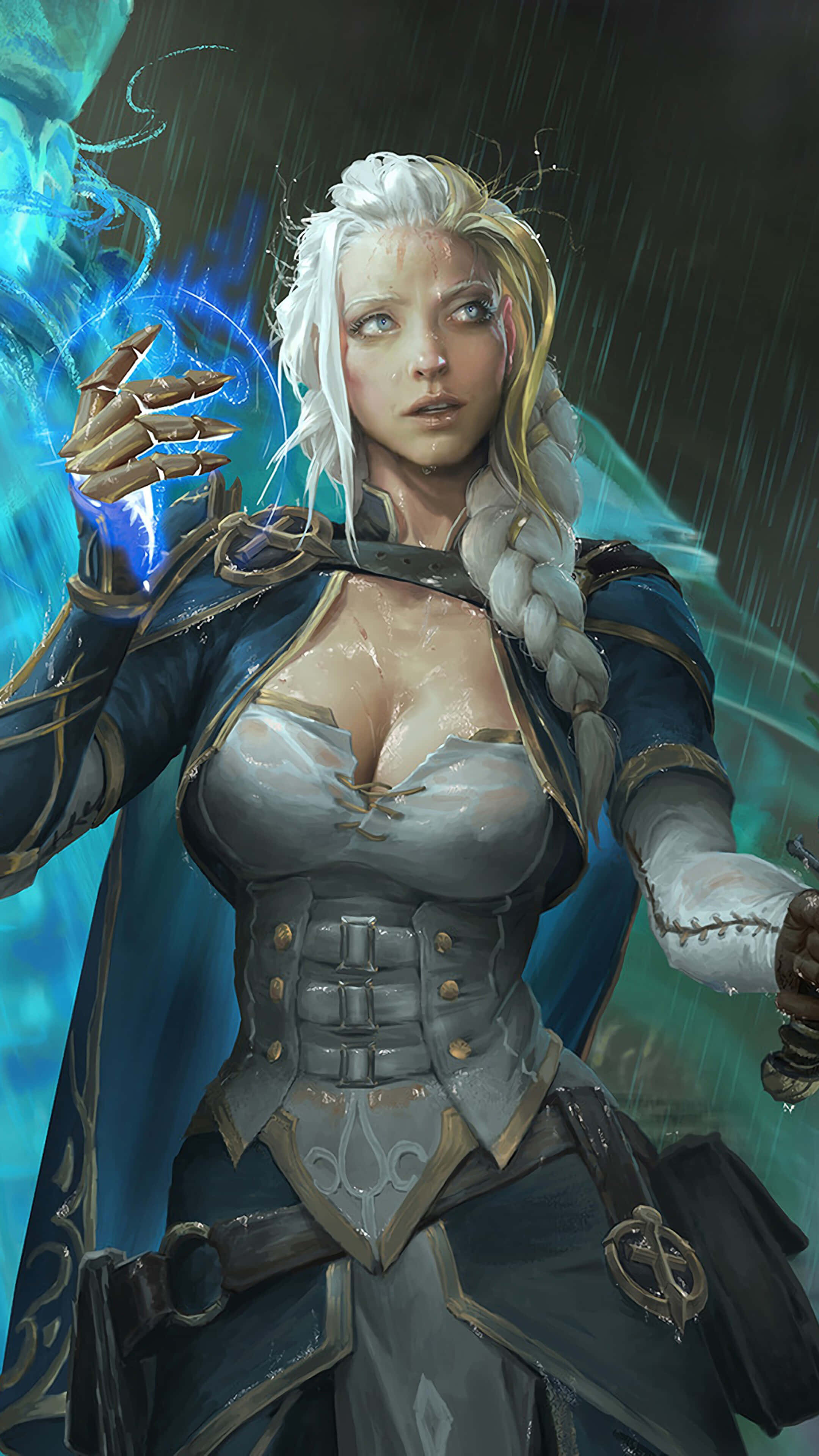 Jaina Proudmoore, white braided hair, glowing blue magic, 4K Phone Wallpaper