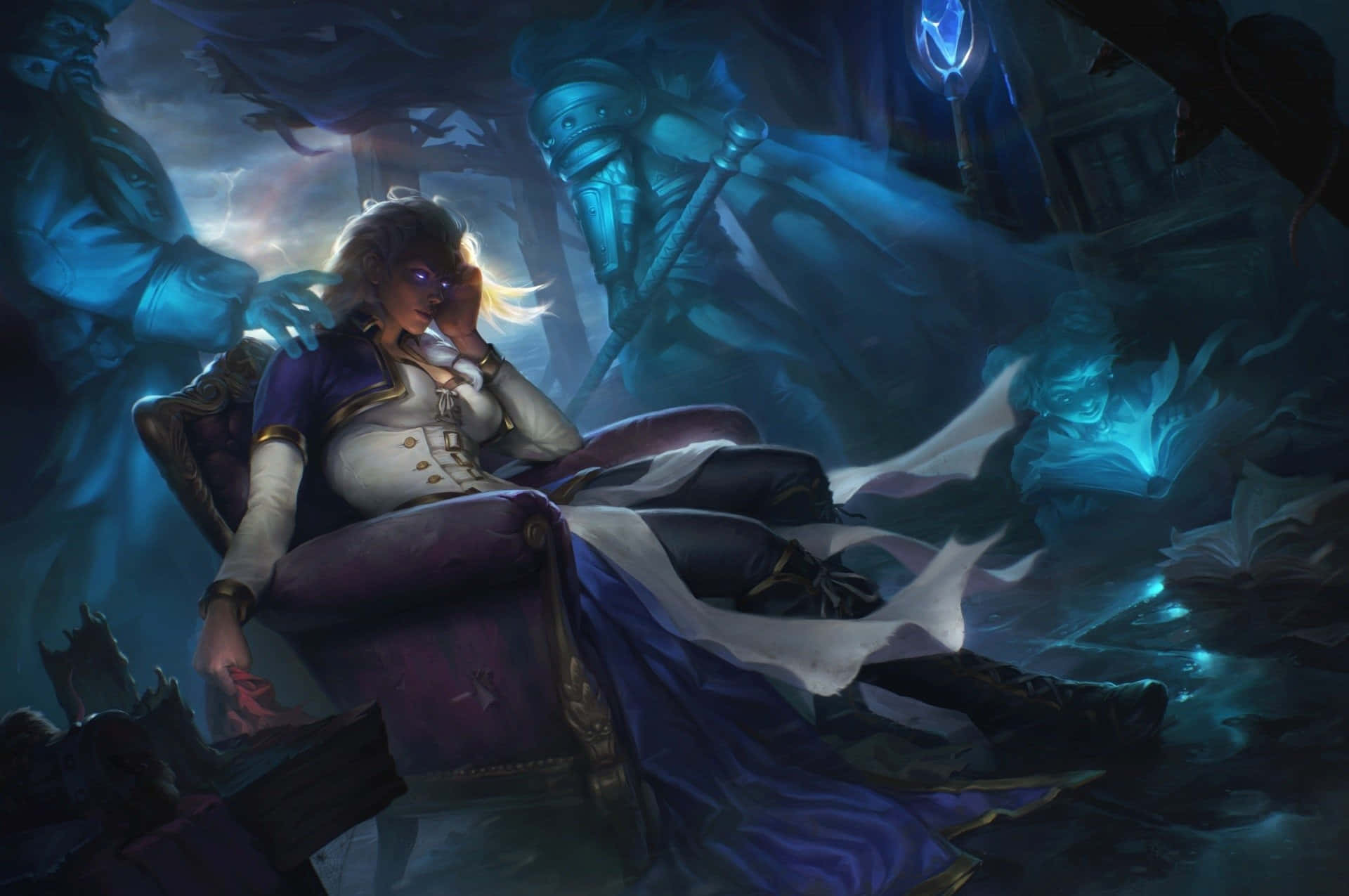 Jaina Proudmoore, purple armchair, mystical blue-lit ruin, Full HD Desktop Wallpaper