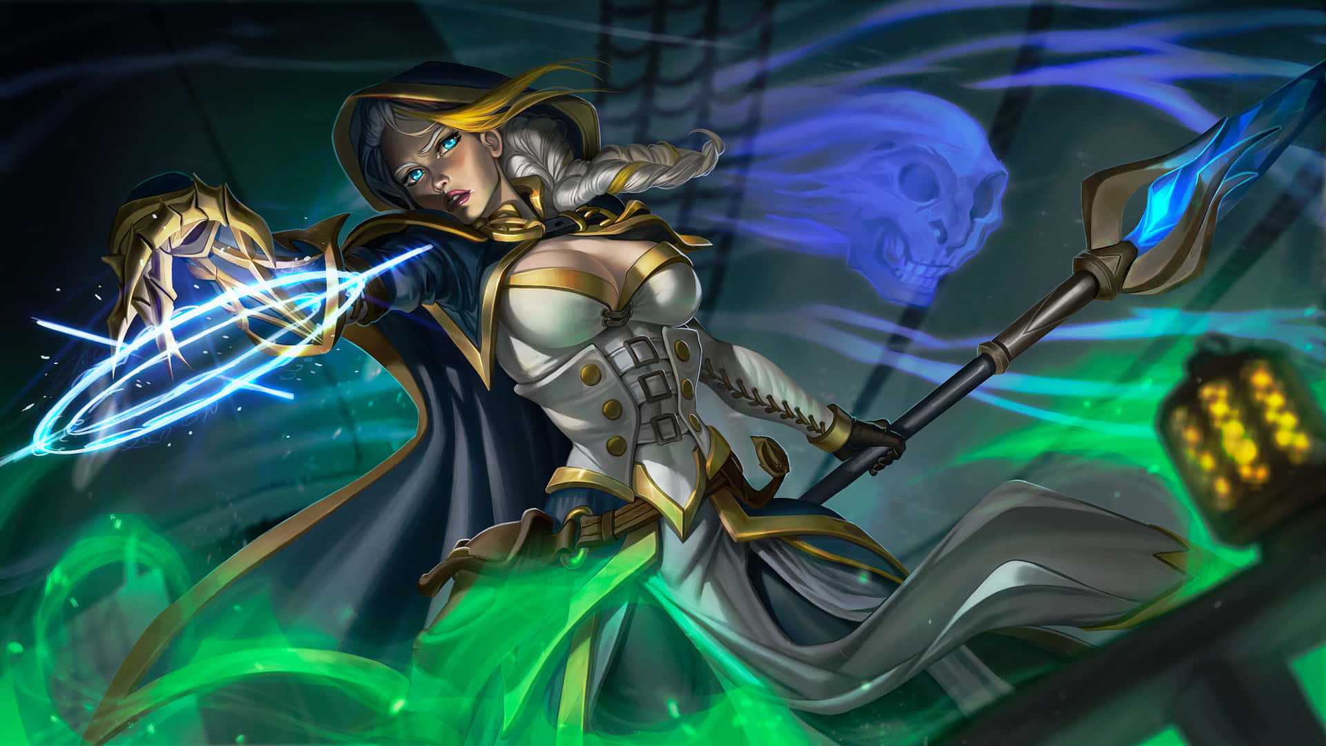 Jaina Proudmoore, glowing blue and green magic, staff, Full HD Desktop Wallpaper