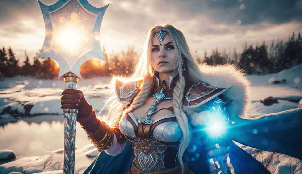 Jaina Proudmoore, snowy forest, sunset, HD Desktop Wallpaper