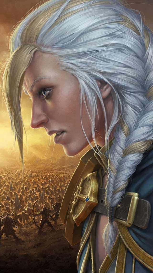 Jaina Proudmoore, silver braided hair, battlefield of soldiers, SD Phone Wallpaper