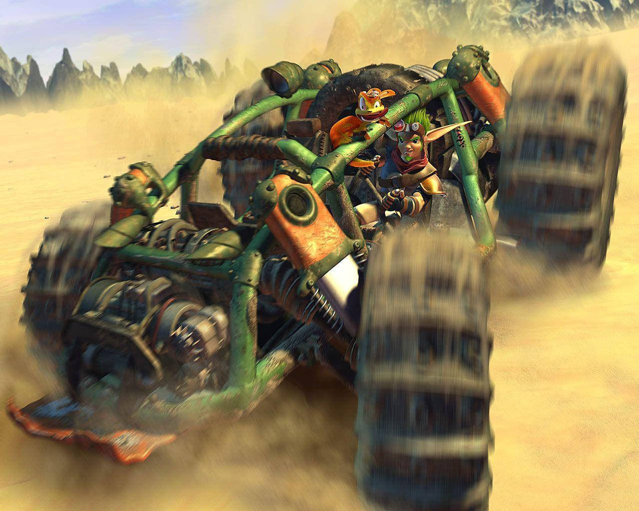 Jak and Daxter, green rugged dune buggy, desert, HD Desktop Wallpaper