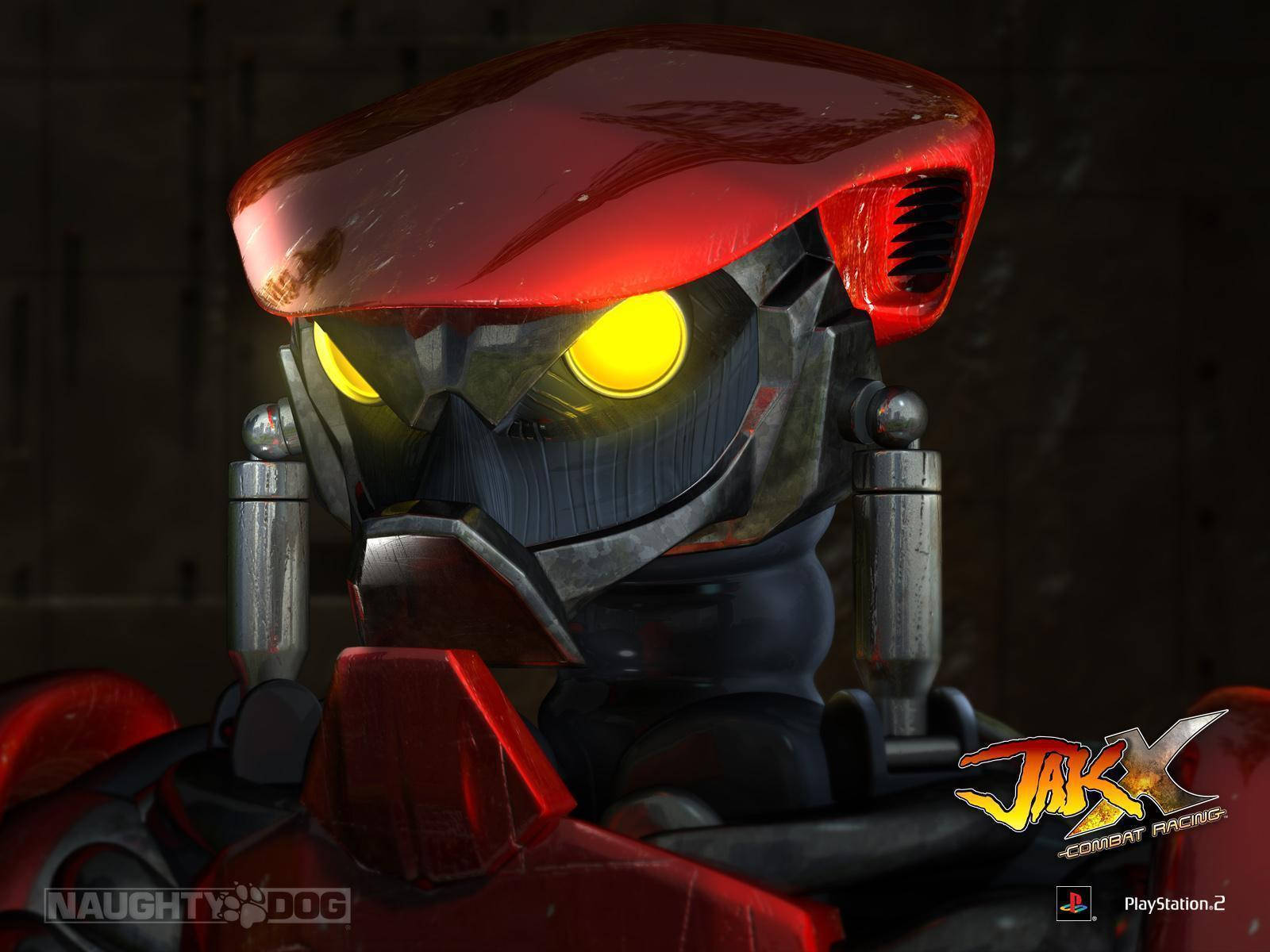 Jak and Daxter, red and black robotic racer, glowing yellow eyes, HD Desktop Wallpaper