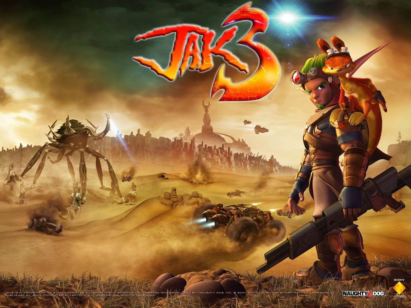Jak and Daxter, dusty wasteland, giant mechanical spiders, HD Desktop Wallpaper