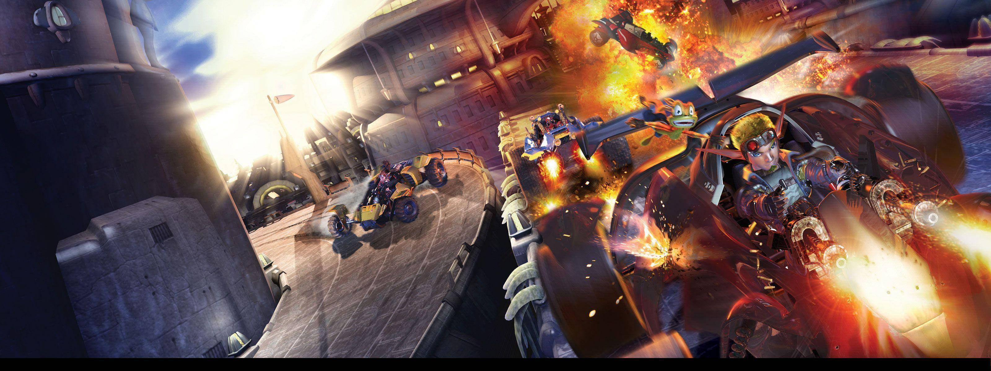 Jak and Daxter, crumbling industrial city, futuristic vehicles, 2K Desktop Wallpaper
