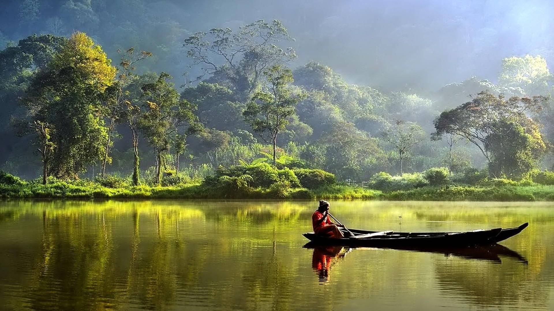 Jakarta, red shirt, wooden canoe, Full HD Desktop Wallpaper