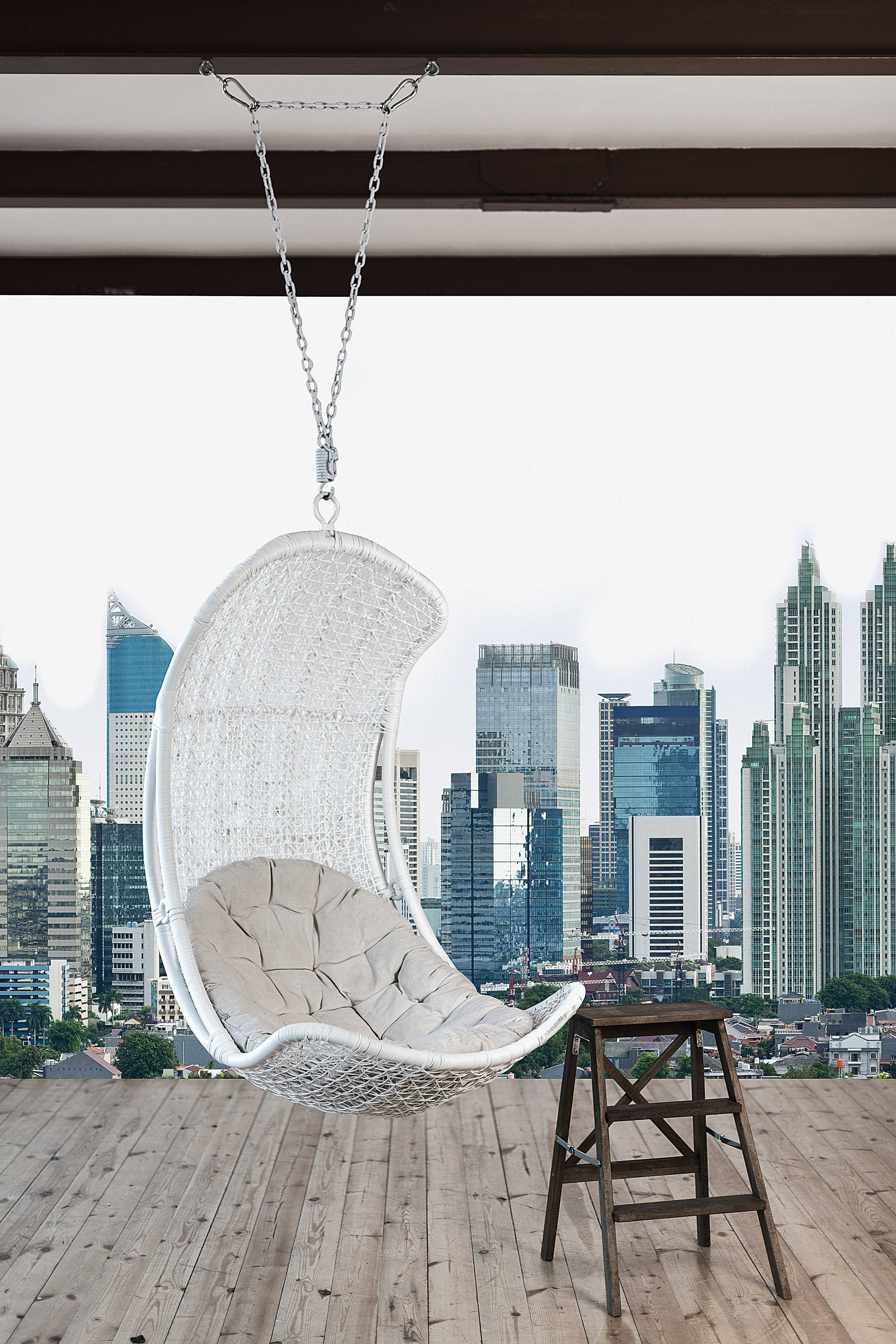 Jakarta, white woven hanging chair, cushion, 2K Phone Wallpaper