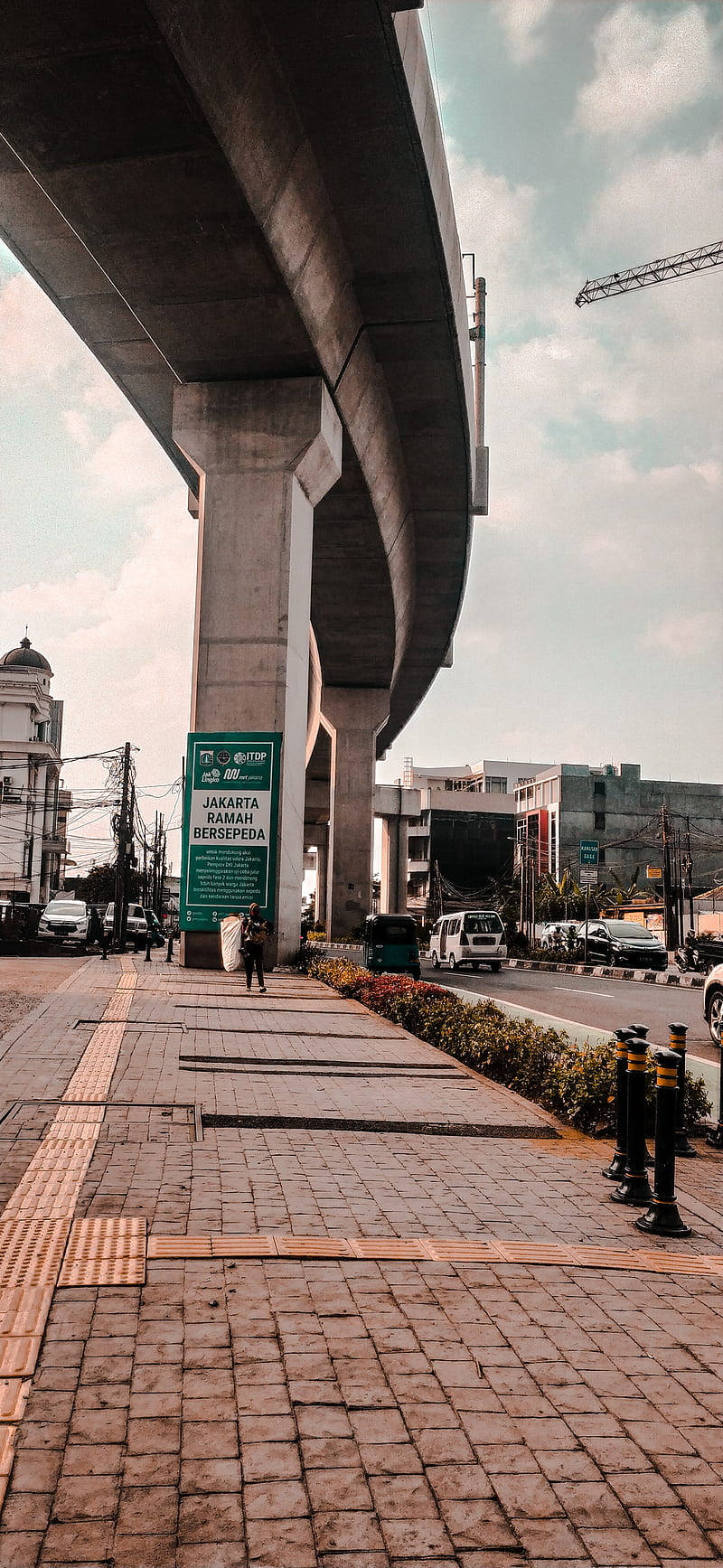 Jakarta, paved sidewalk, concrete overpass, HD Phone Wallpaper