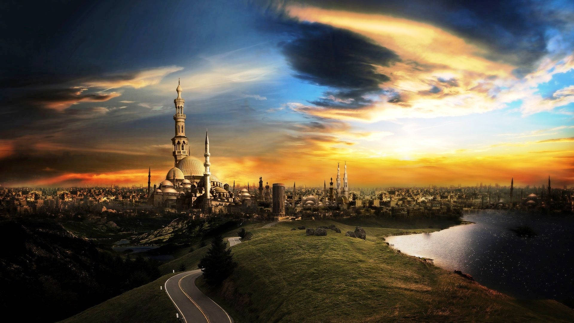 Jakarta, scenic mosque, sunset, Full HD Desktop Wallpaper