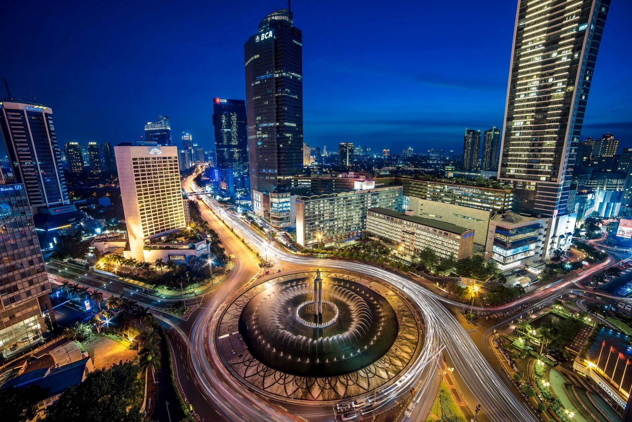 Jakarta, city roundabout, night, Full HD Desktop Wallpaper