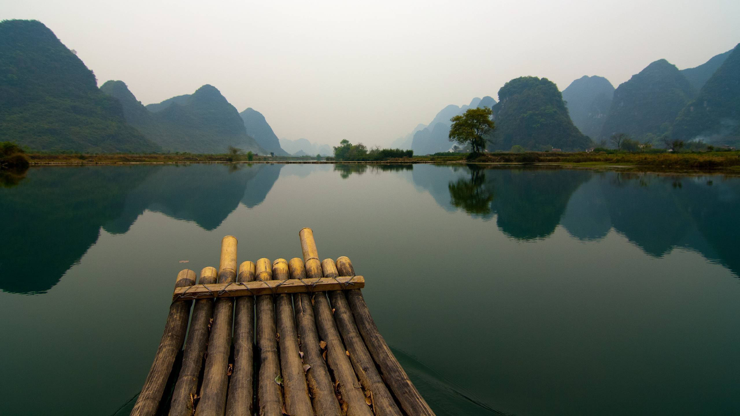 Jakarta, bamboo raft, calm river, 2K Desktop Wallpaper
